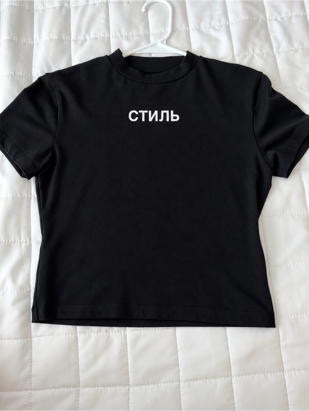 Heron Preston Black Short-Sleeve Crewneck Tee with White Cyrillic Logo